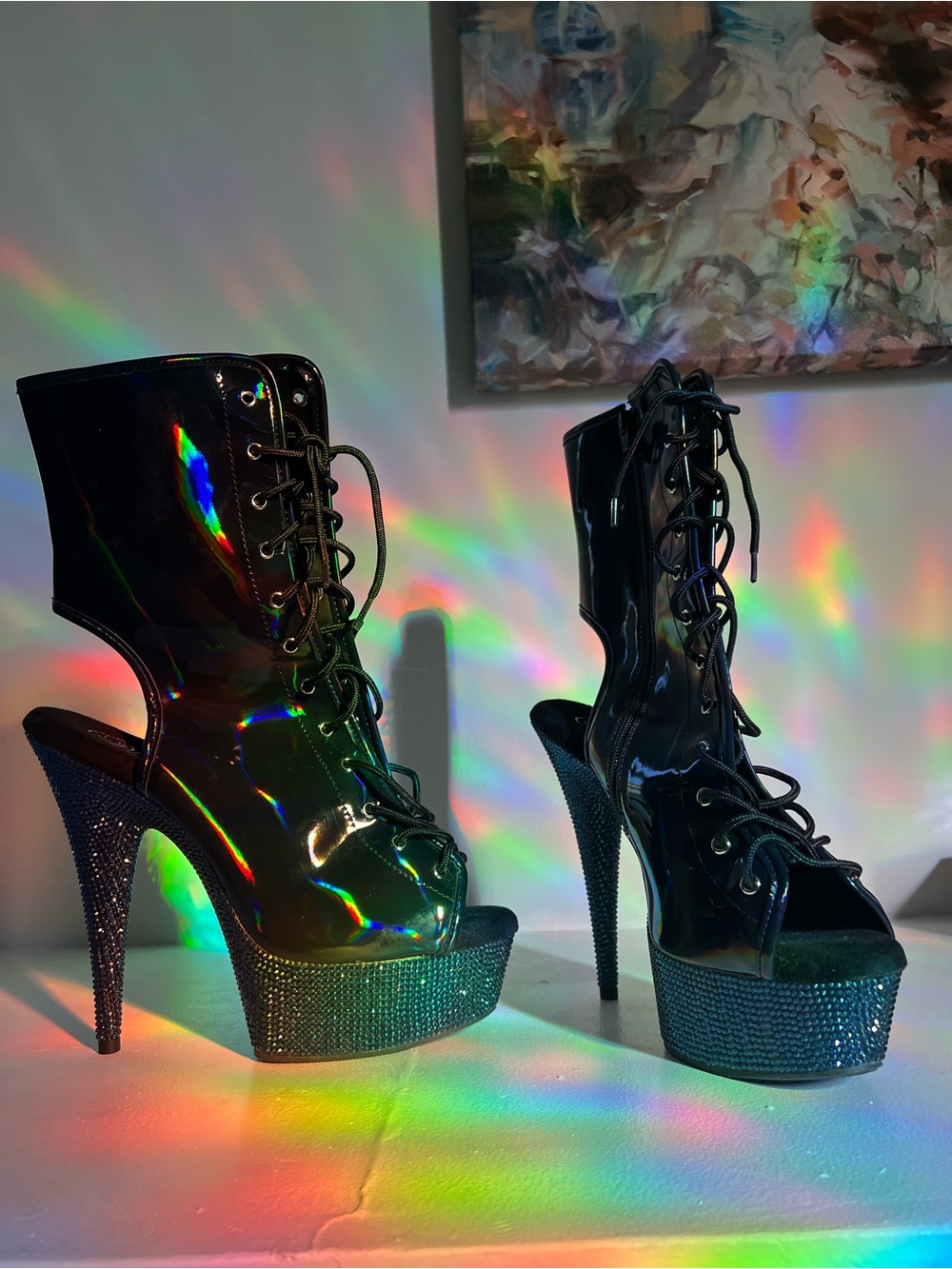 Pleaser Holographic Black Platform Rhinestone Lace-Up Boots sz 12 read post - Picture 2 of 16